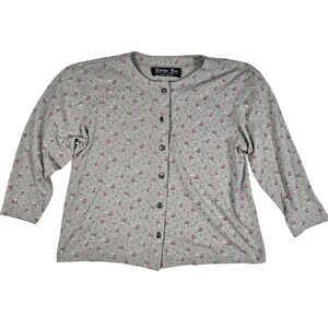 Katelyn Rose Floral Button Front Cardigan Top Grey Pink 3/4 Sleeve XL